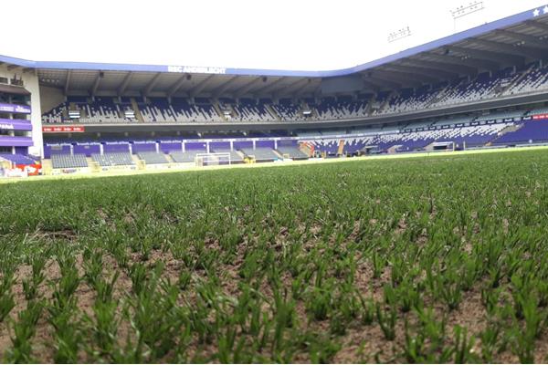 Aménagement terrain du stade en gazon hybride Grassmaster avec chauffage - Sportinfrabouw NV